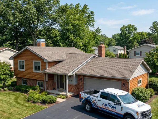 A 1980s split-level re-roof — replaced failing, curled 3-tab shingles with 30-year architectural shingle system.