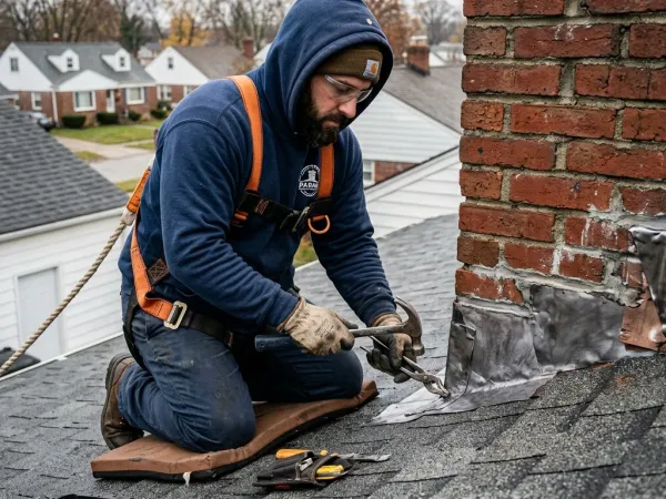 Wind-lifted ridge cap repair and leak mitigation around chimney flashing.